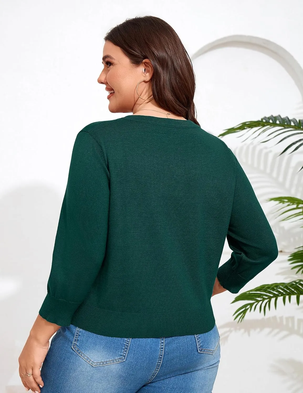 ShopWonder Women Plus Size Cardigan 3/4 Sleeve Crew Neck Bolero Button Down Sweaters Open Front Knit Bolero Shrugs