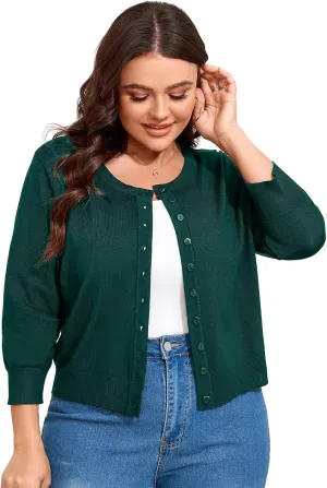 ShopWonder Women Plus Size Cardigan 3/4 Sleeve Crew Neck Bolero Button Down Sweaters Open Front Knit Bolero Shrugs