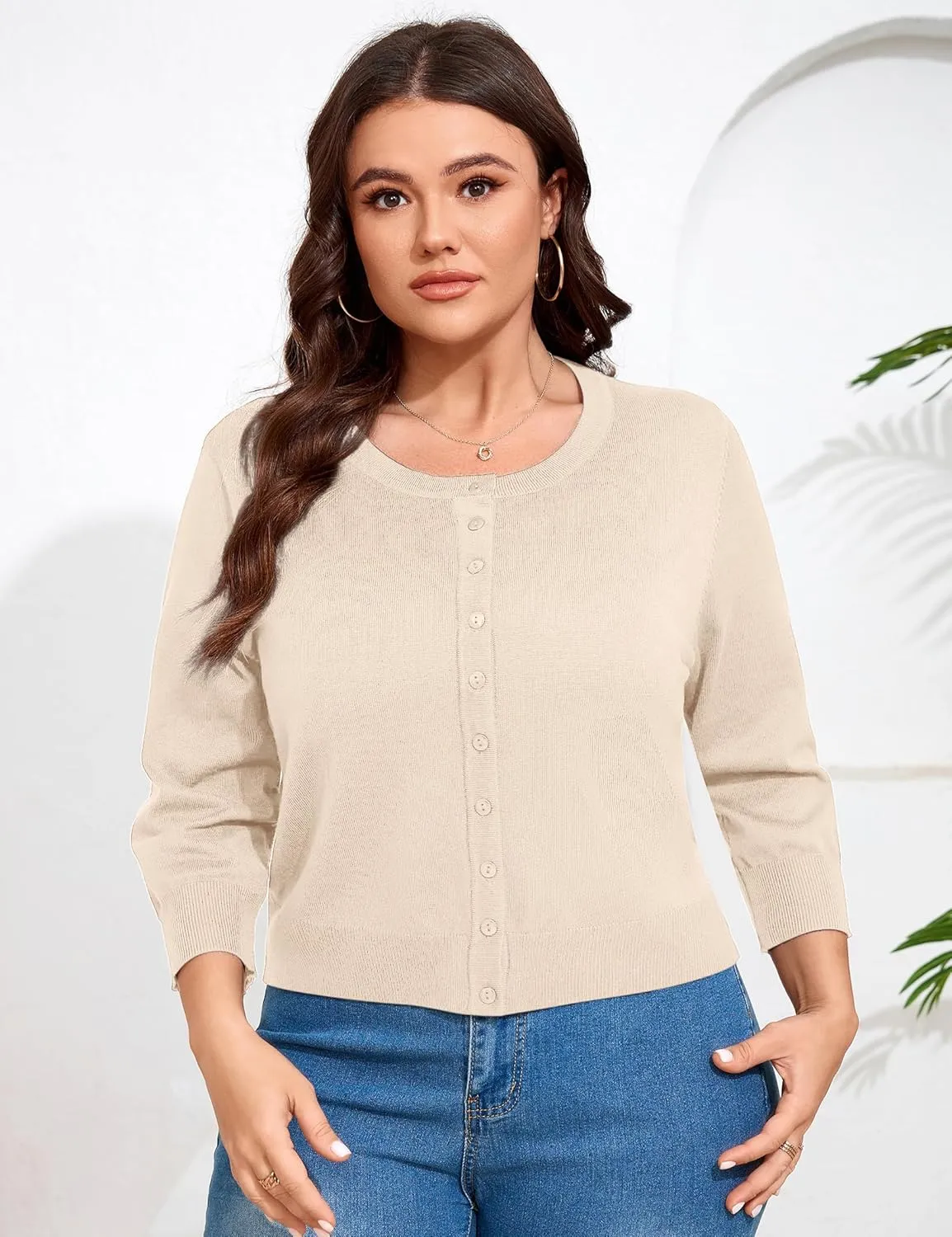 ShopWonder Women Plus Size Cardigan 3/4 Sleeve Crew Neck Bolero Button Down Sweaters Open Front Knit Bolero Shrugs