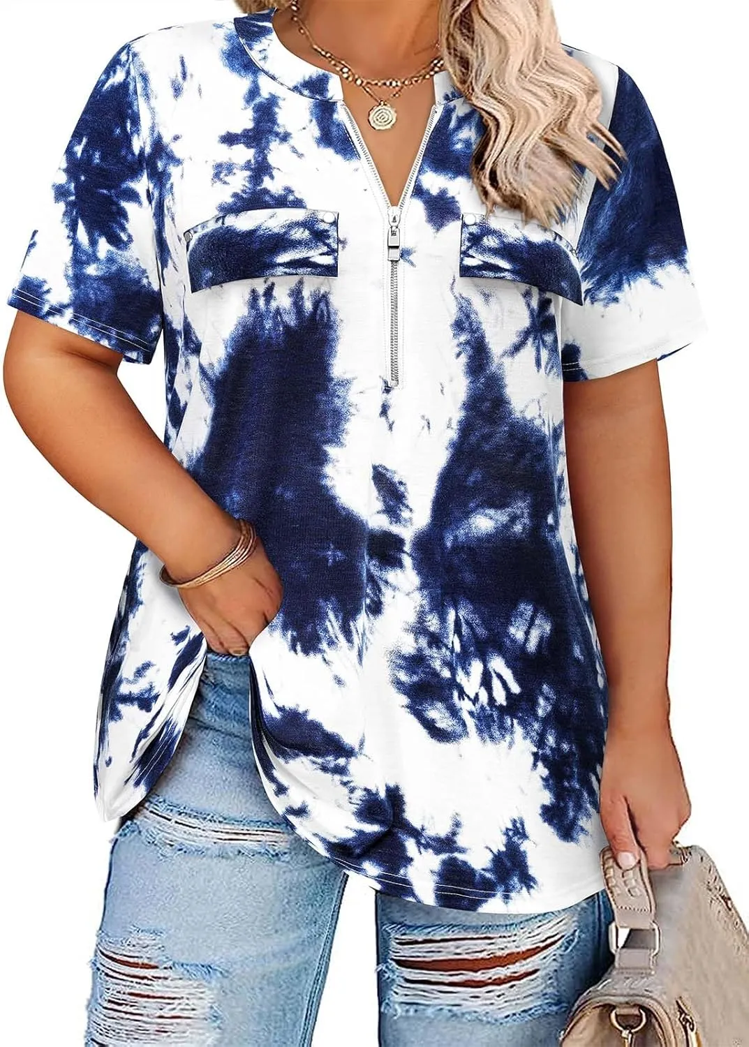Siddhe Plus Size 3/4 Length Sleeve Womens Tops Zip V-Neck Tunic Tops Business Casual Dressy Blouses 1x-5x
