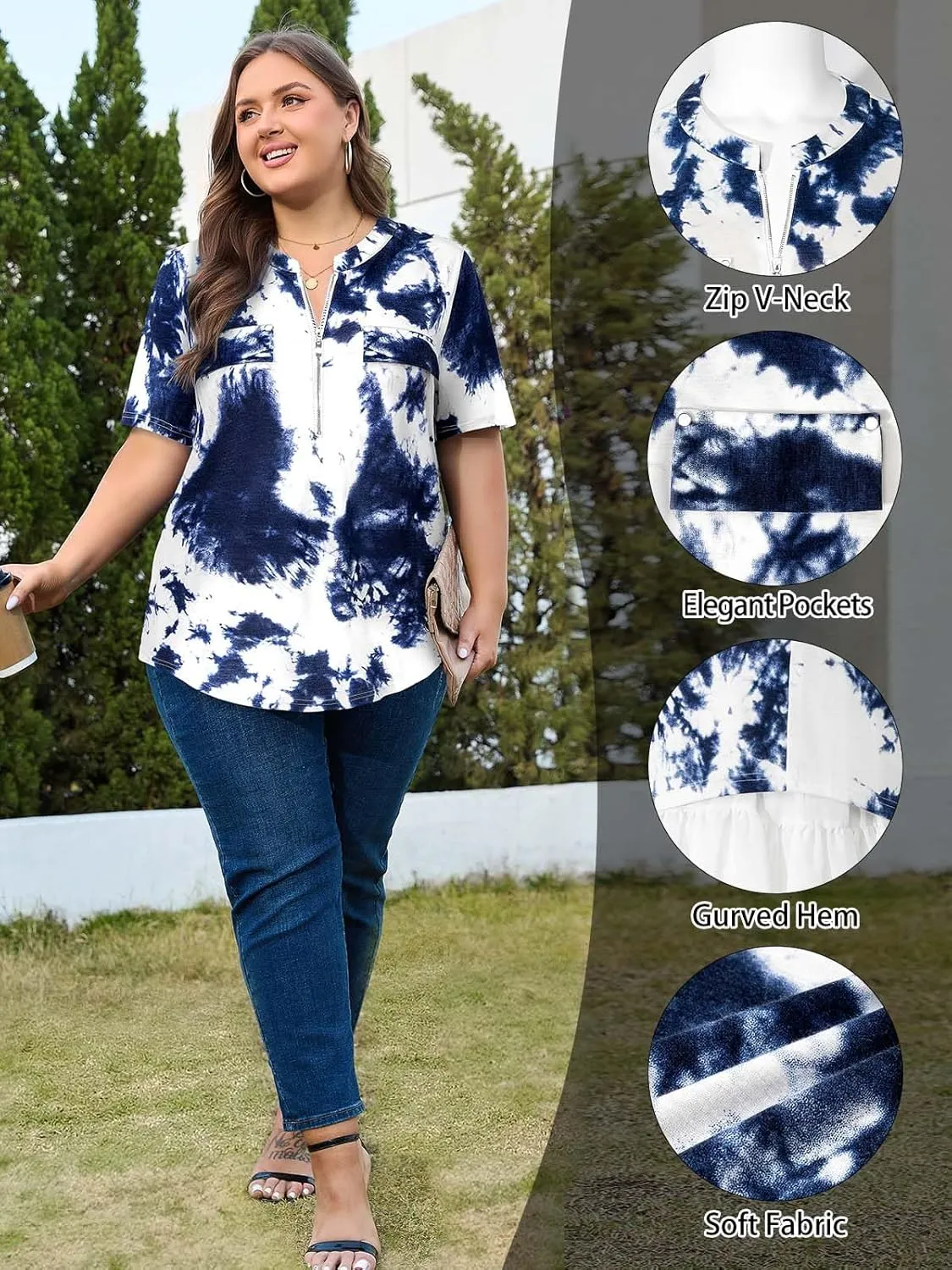 Siddhe Plus Size 3/4 Length Sleeve Womens Tops Zip V-Neck Tunic Tops Business Casual Dressy Blouses 1x-5x