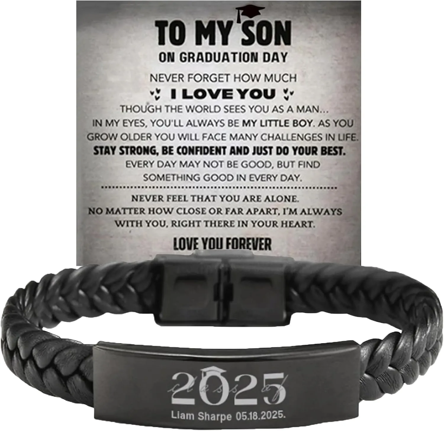 Son's Personalized Graduation Milestone Keepsake Gift Set, Custom Engraved NAME Mens Stainless Steel Braided Leather Bracelet, To My Son Grandson's 2025 Graduation Keepsakes