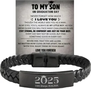 Son's Personalized Graduation Milestone Keepsake Gift Set, Custom Engraved NAME Mens Stainless Steel Braided Leather Bracelet, To My Son Grandson's 2025 Graduation Keepsakes