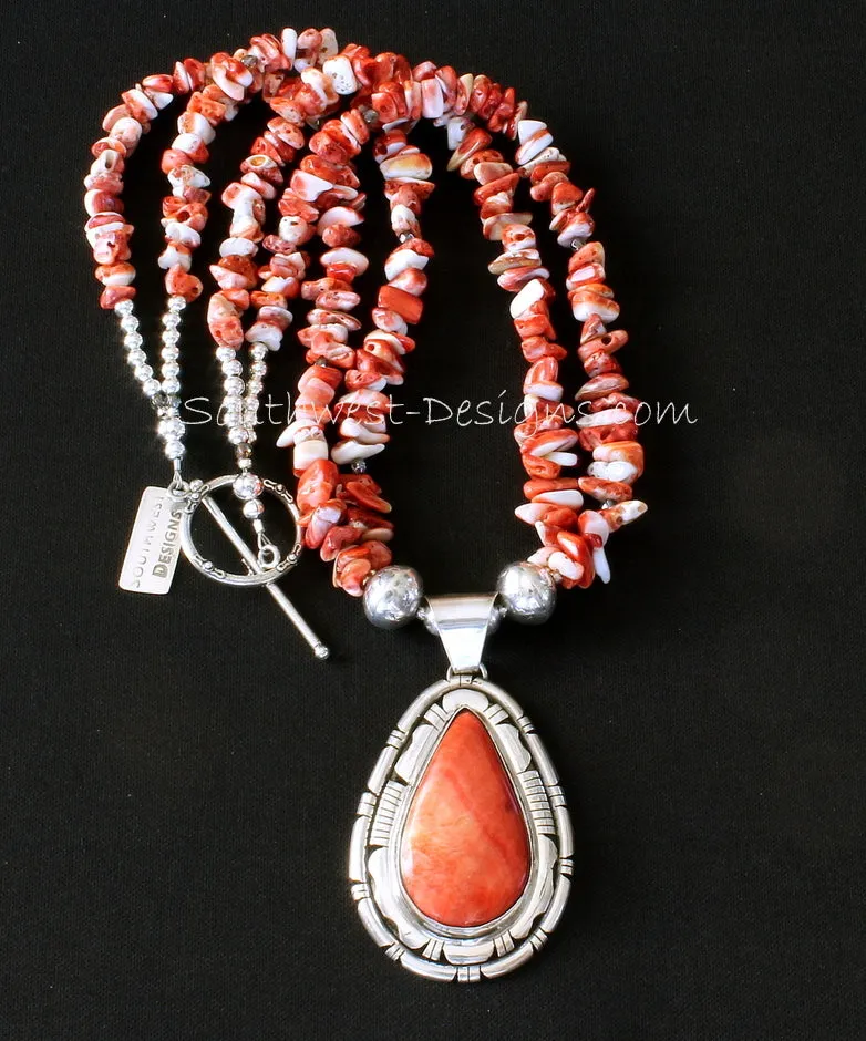 Spiny Oyster Shell and Sterling Silver Pendant with 2 Strands of Spiny Oyster Shell Chip, Sterling Silver Rondelle Beads and Sterling Toggle Clasp