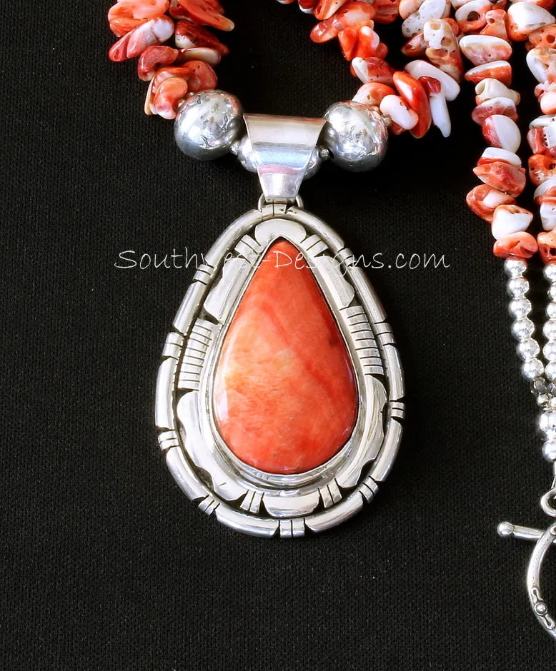Spiny Oyster Shell and Sterling Silver Pendant with 2 Strands of Spiny Oyster Shell Chip, Sterling Silver Rondelle Beads and Sterling Toggle Clasp