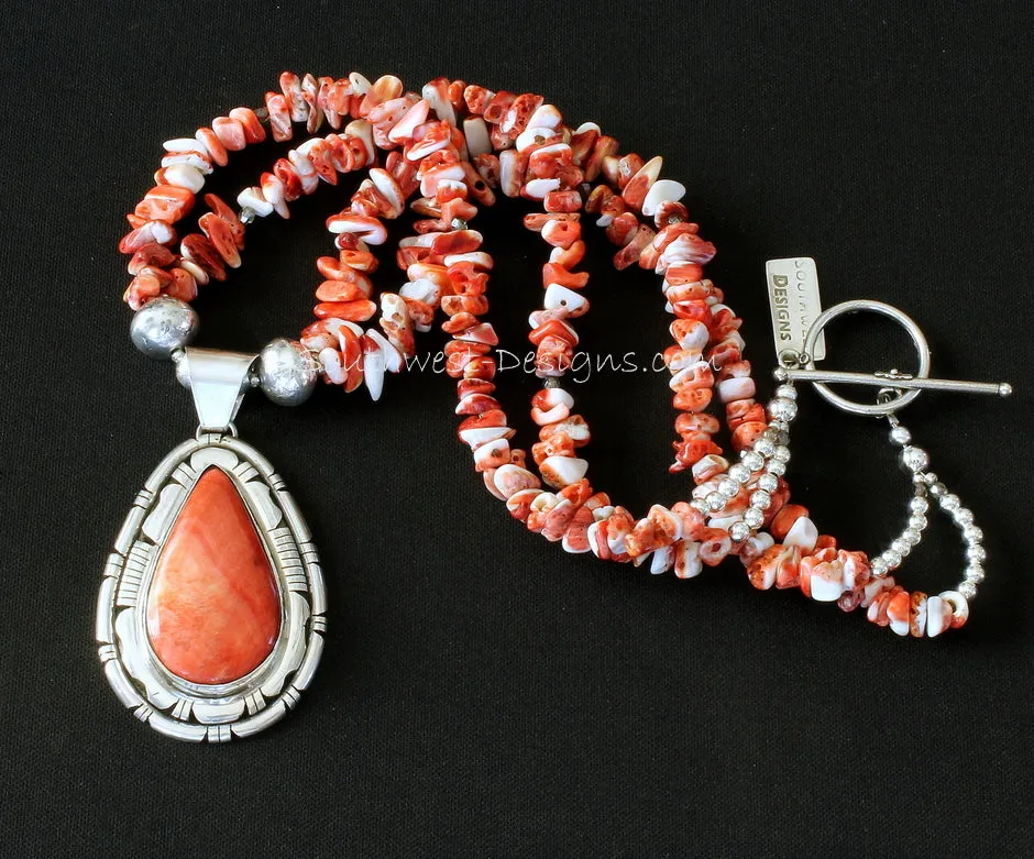 Spiny Oyster Shell and Sterling Silver Pendant with 2 Strands of Spiny Oyster Shell Chip, Sterling Silver Rondelle Beads and Sterling Toggle Clasp