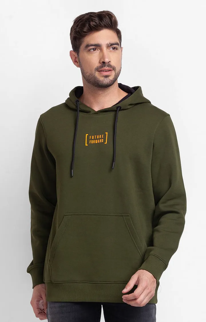 Spykar Rifle Green Cotton Full Sleeve Hooded Sweatshirt For Men