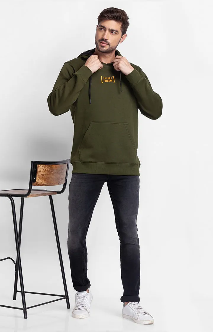 Spykar Rifle Green Cotton Full Sleeve Hooded Sweatshirt For Men