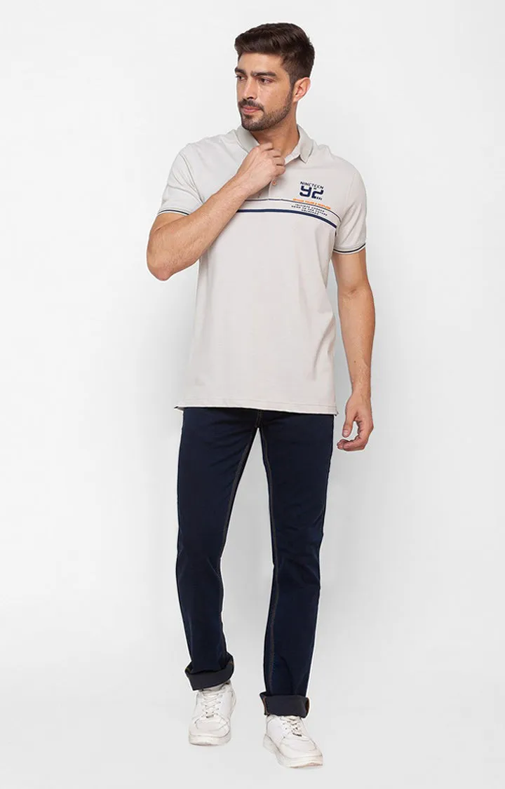 Spykar Silver Grey Cotton Half Sleeve Printed Casual Polo T-Shirt For Men