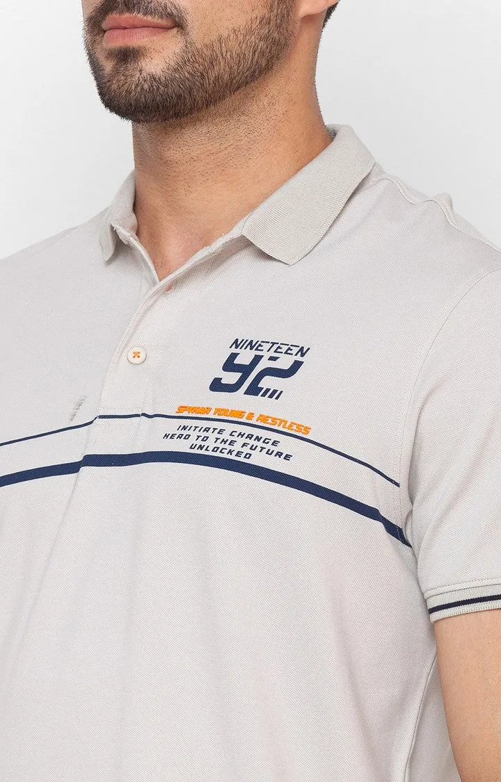 Spykar Silver Grey Cotton Half Sleeve Printed Casual Polo T-Shirt For Men