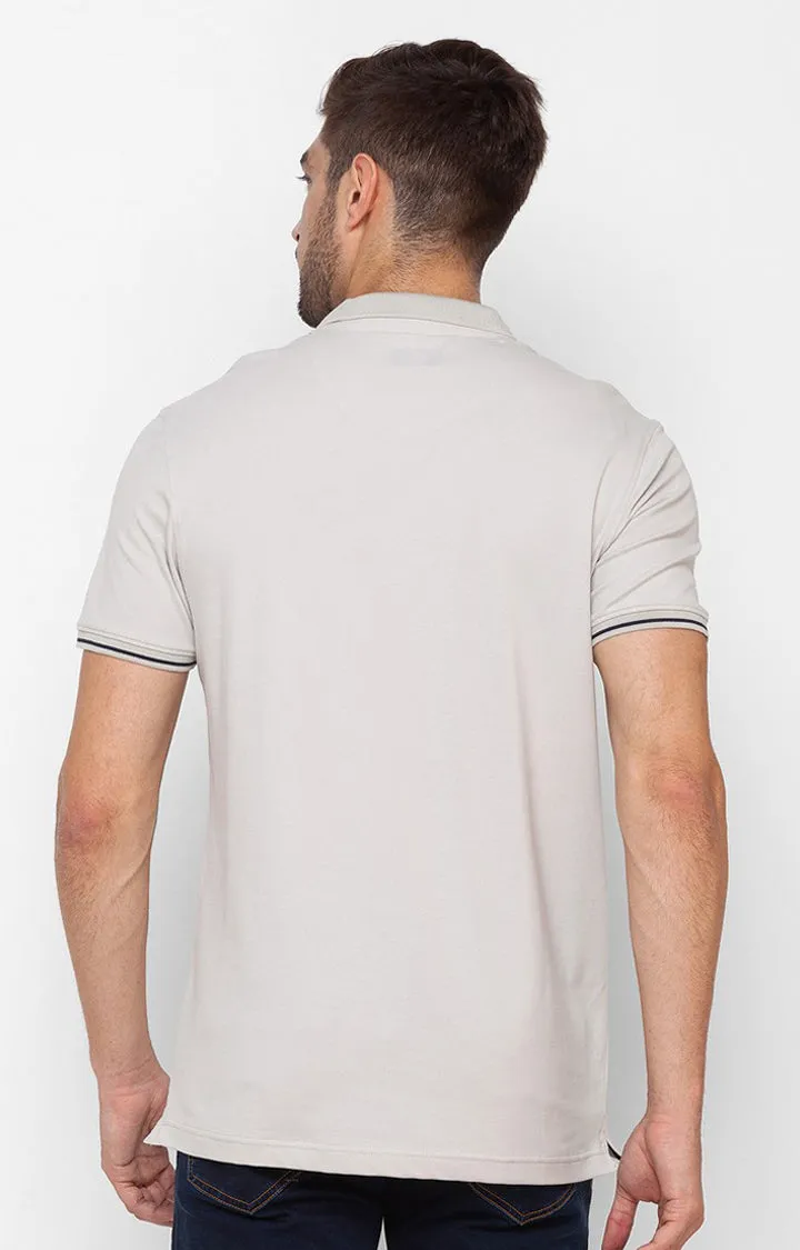 Spykar Silver Grey Cotton Half Sleeve Printed Casual Polo T-Shirt For Men