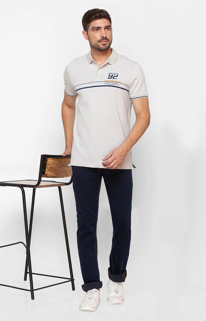 Spykar Silver Grey Cotton Half Sleeve Printed Casual Polo T-Shirt For Men