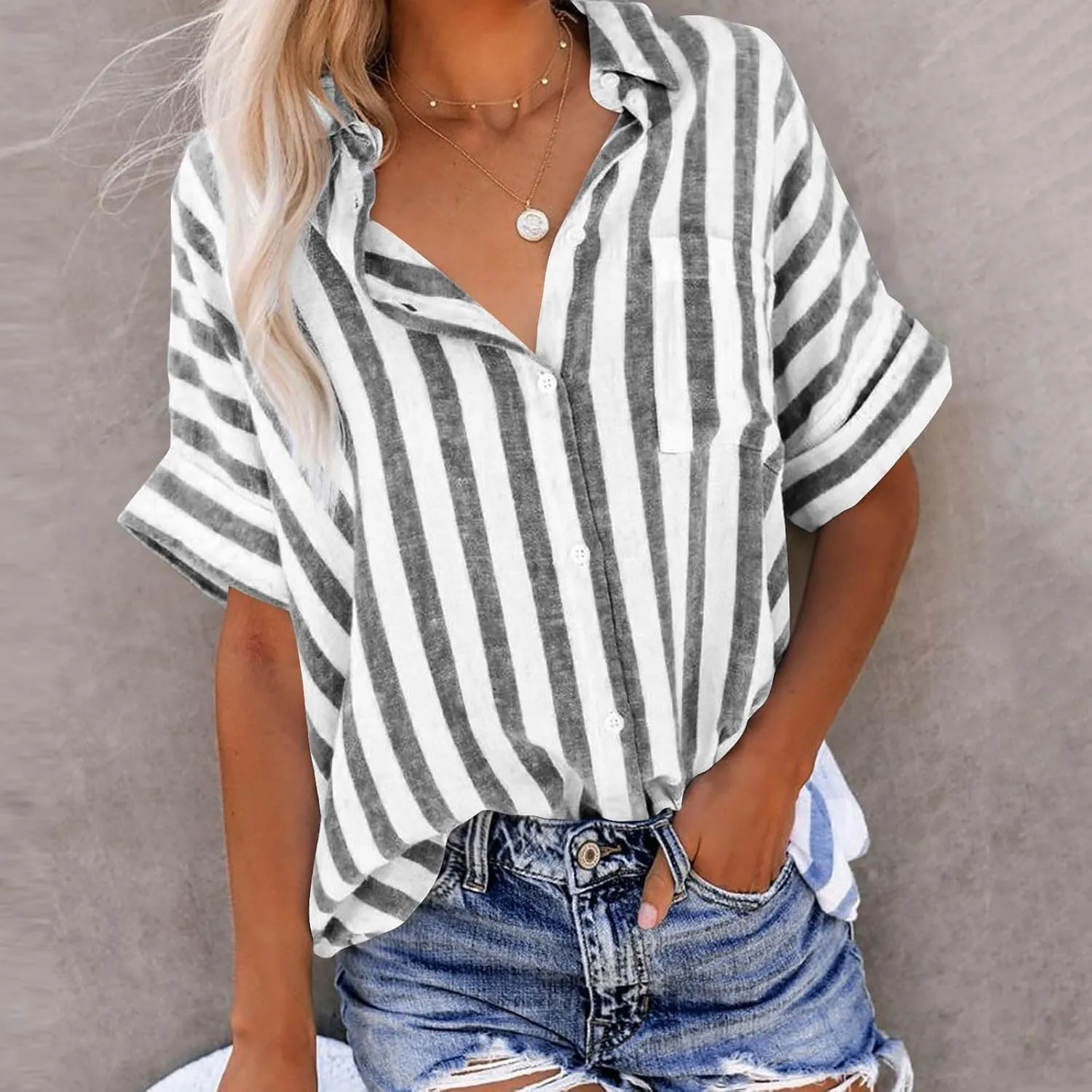 Striped Button Down Shirt Women Plus Size Business Casual Summer Short Sleeve Tops Cotton Linen Fitted Work Shirts