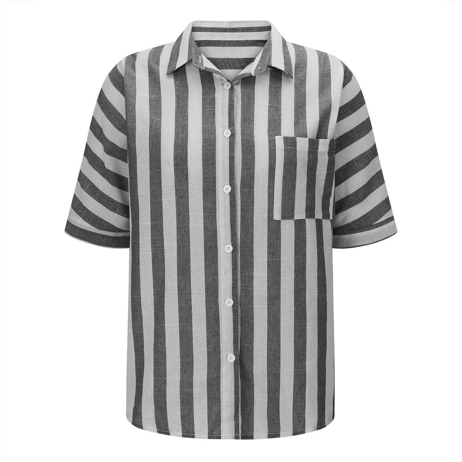 Striped Button Down Shirt Women Plus Size Business Casual Summer Short Sleeve Tops Cotton Linen Fitted Work Shirts