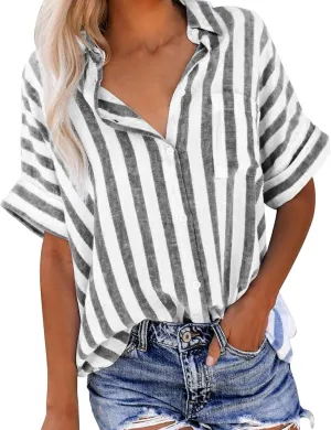 Striped Button Down Shirt Women Plus Size Business Casual Summer Short Sleeve Tops Cotton Linen Fitted Work Shirts