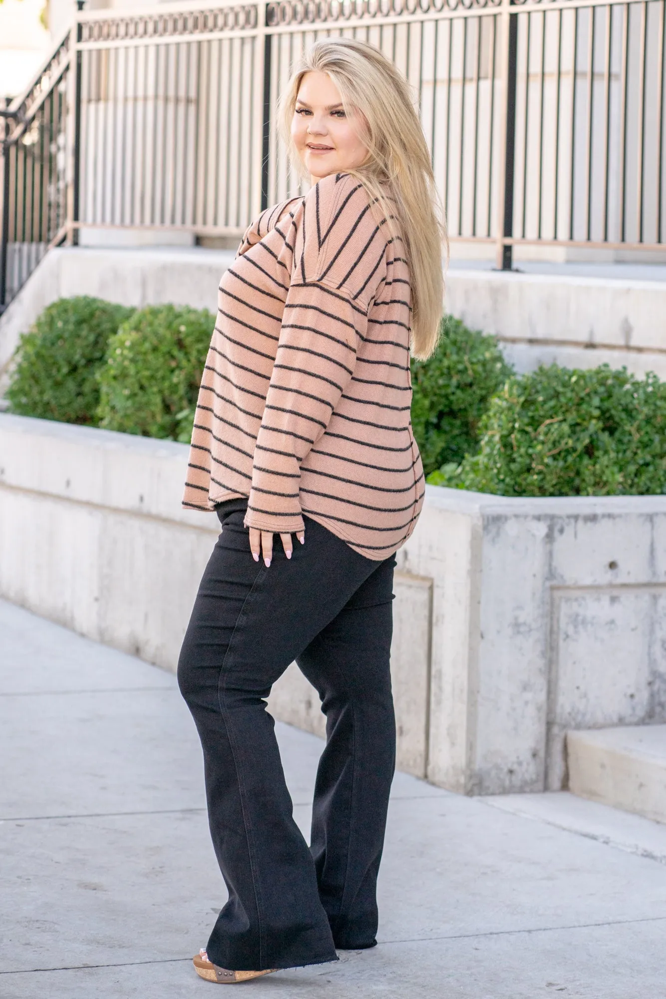 Striped Raw Edge Sweater - Mocha