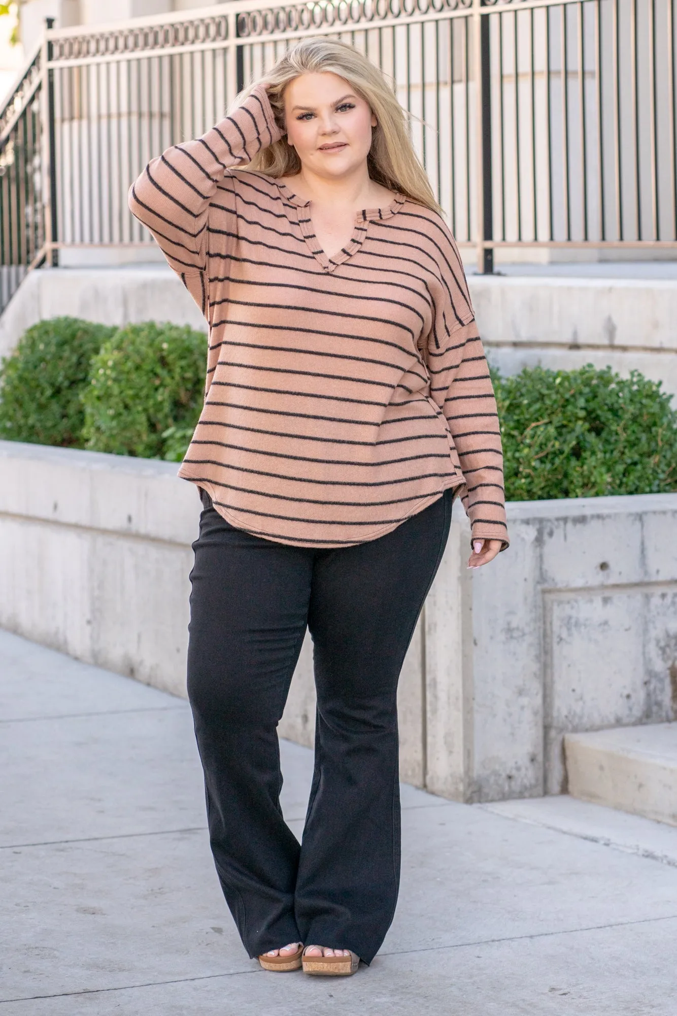 Striped Raw Edge Sweater - Mocha