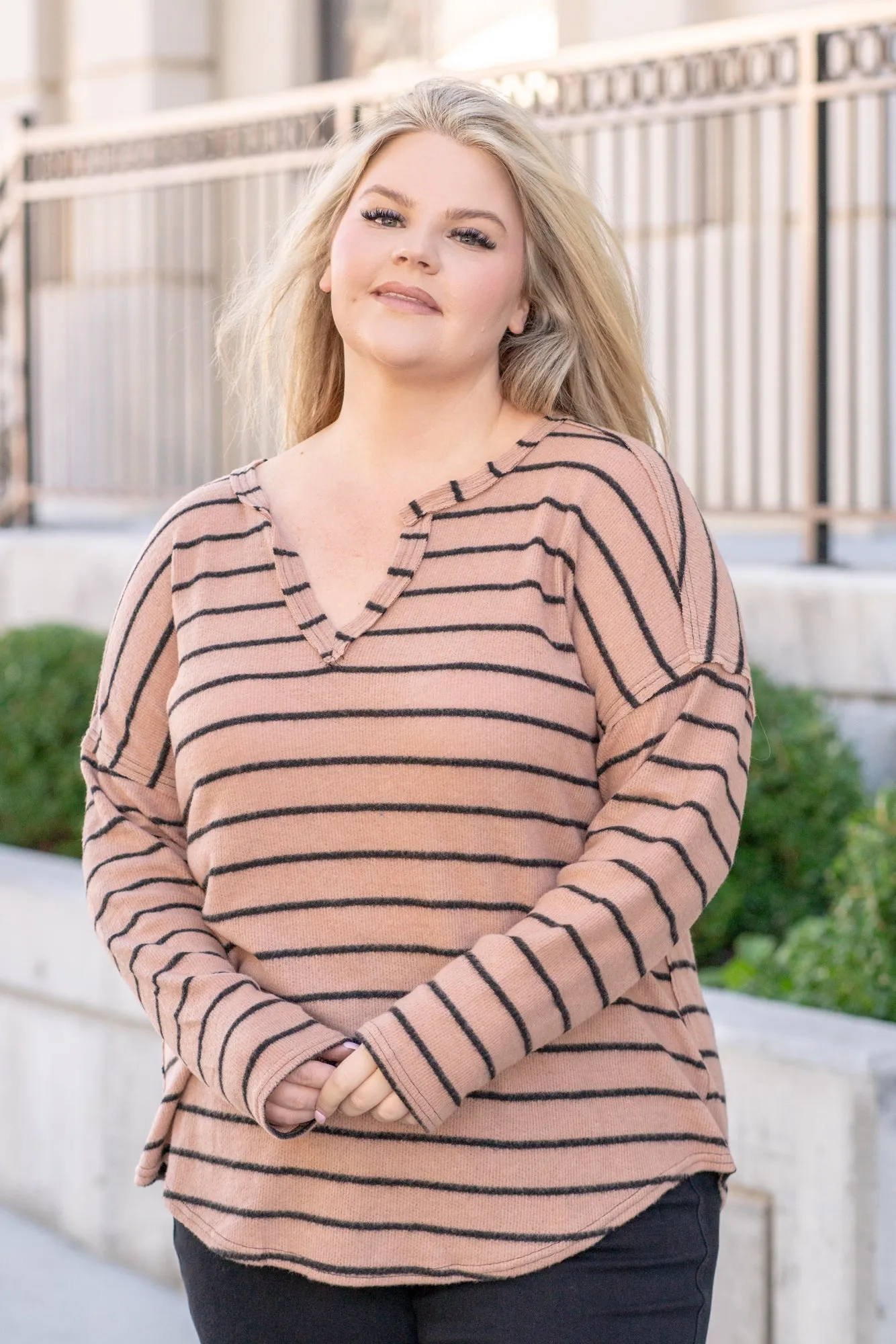 Striped Raw Edge Sweater - Mocha