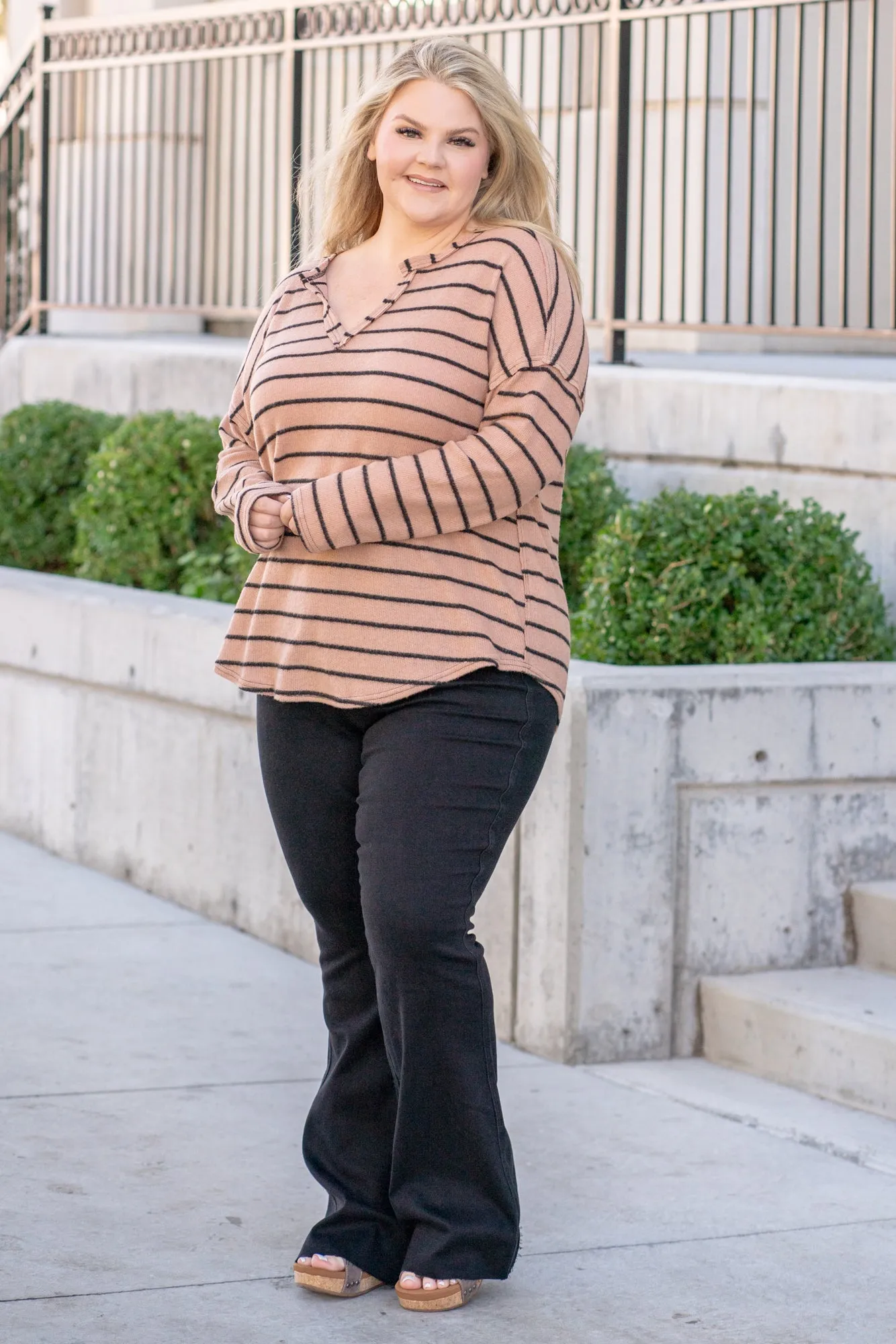 Striped Raw Edge Sweater - Mocha