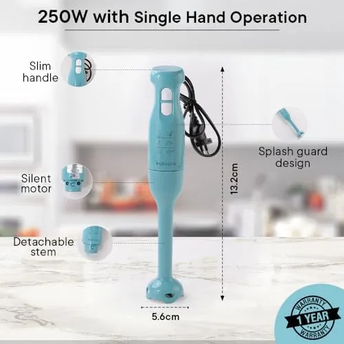 The Better Home FUMATO Turbo 250W Electric Hand Blender & Stainless Steel Water Bottle 1 Litre Pack of 2 Light Blue