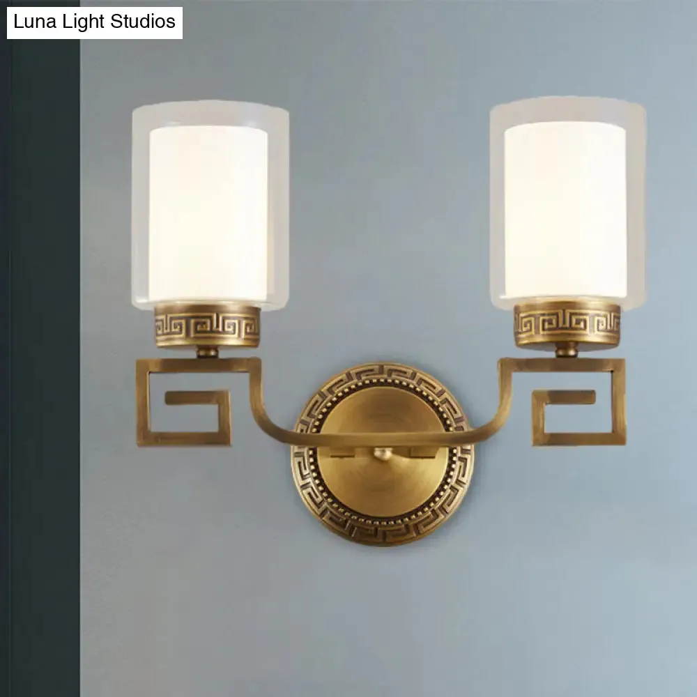 Traditional Brass Wall Sconce Light with Clear and White Dual Cylinder Glass Bulbs