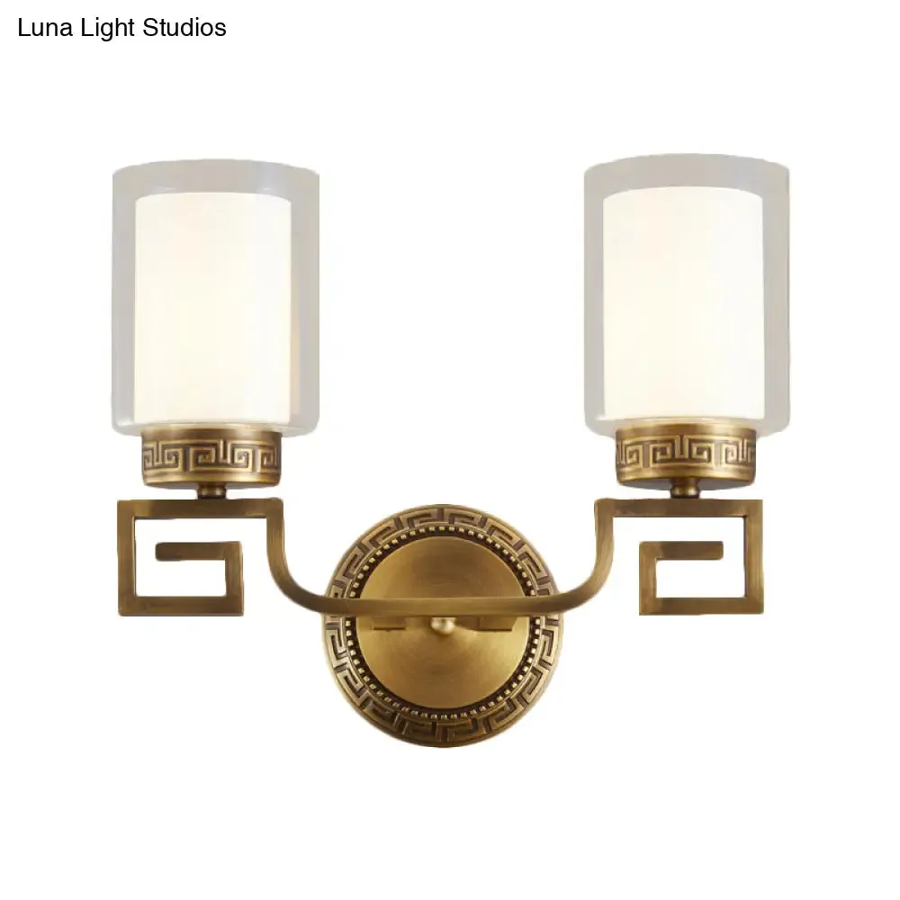 Traditional Brass Wall Sconce Light with Clear and White Dual Cylinder Glass Bulbs