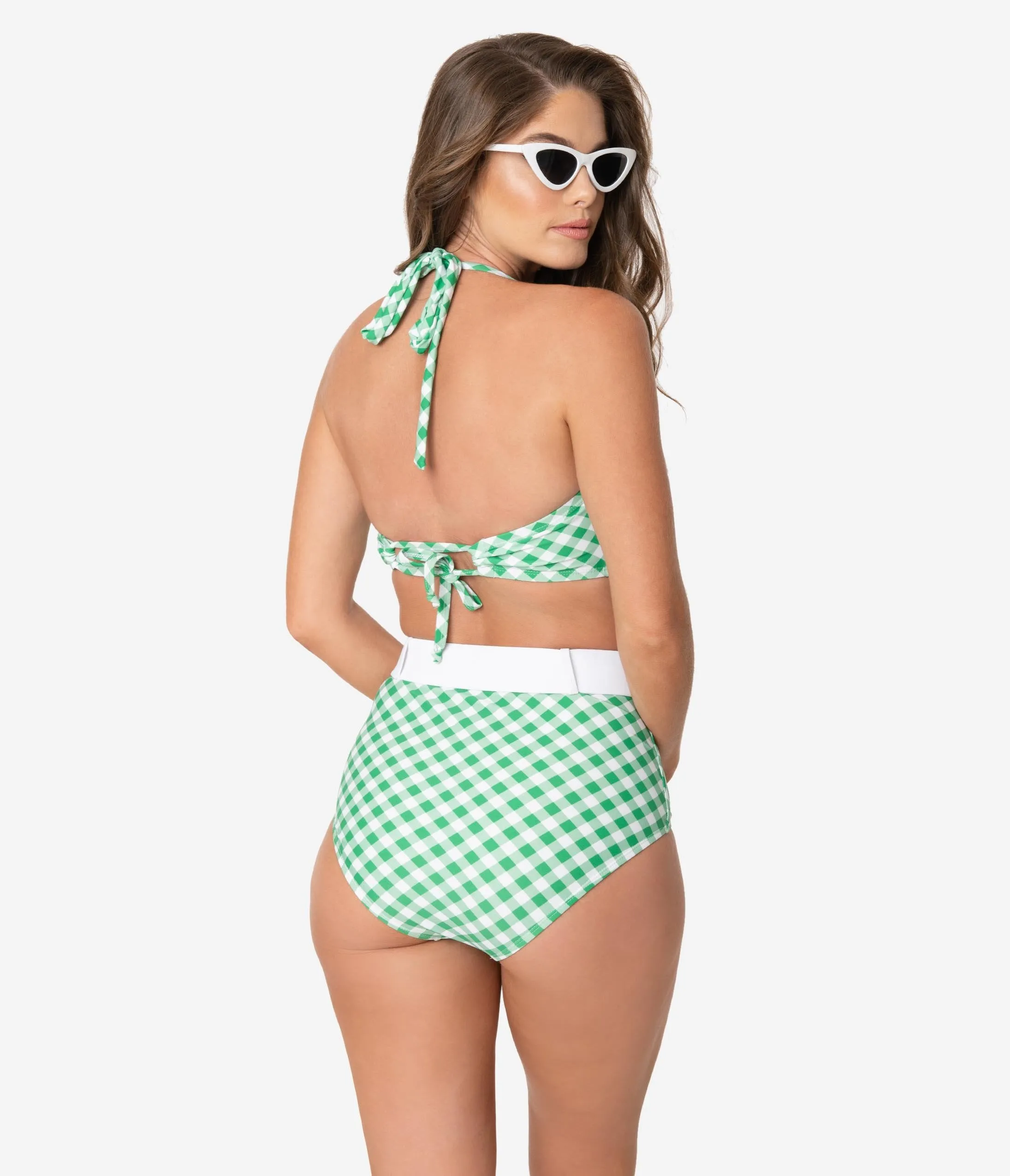 Unique Vintage Green & White Gingham Belted Retro Redondo Swim Bottoms