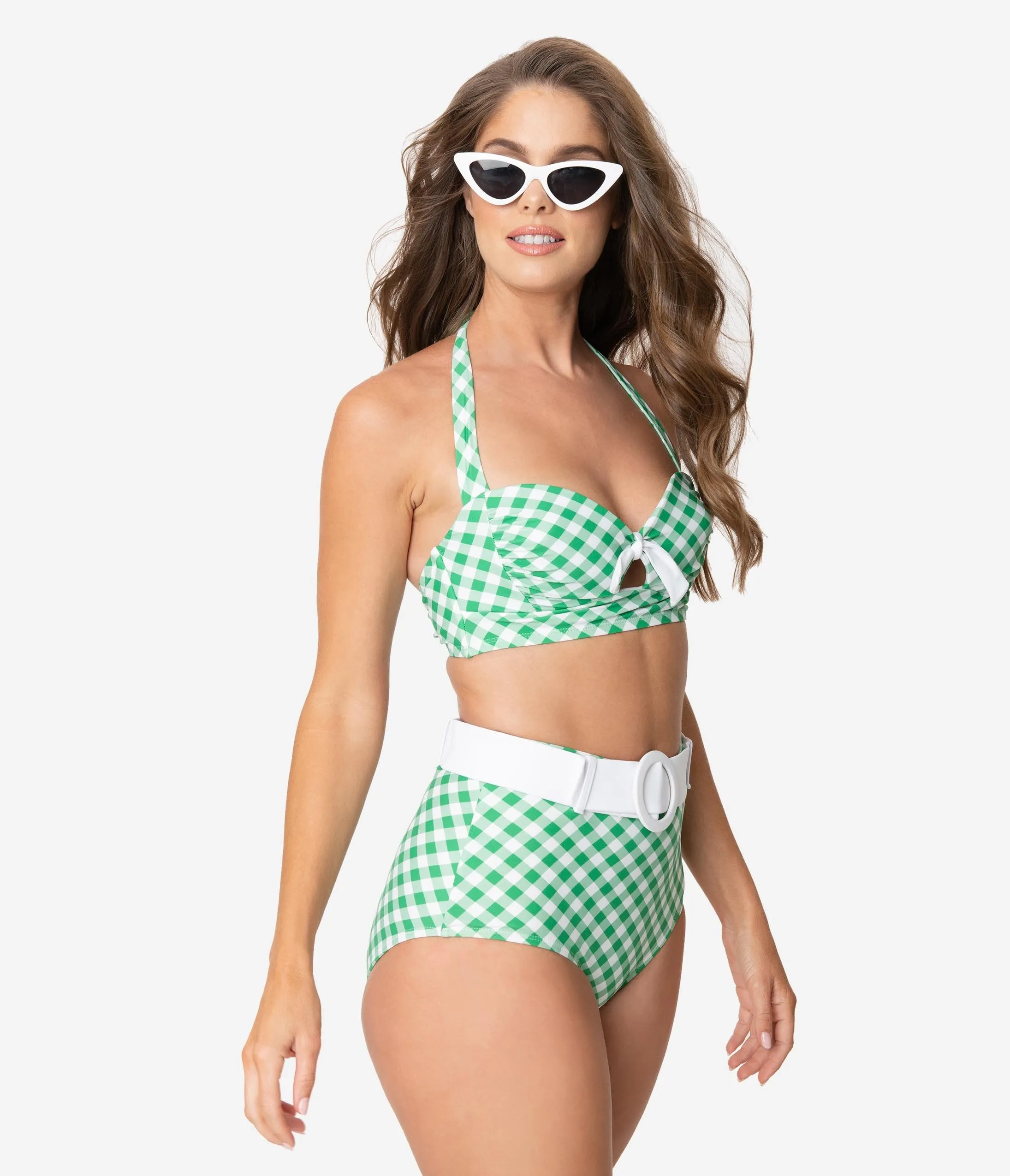 Unique Vintage Green & White Gingham Belted Retro Redondo Swim Bottoms