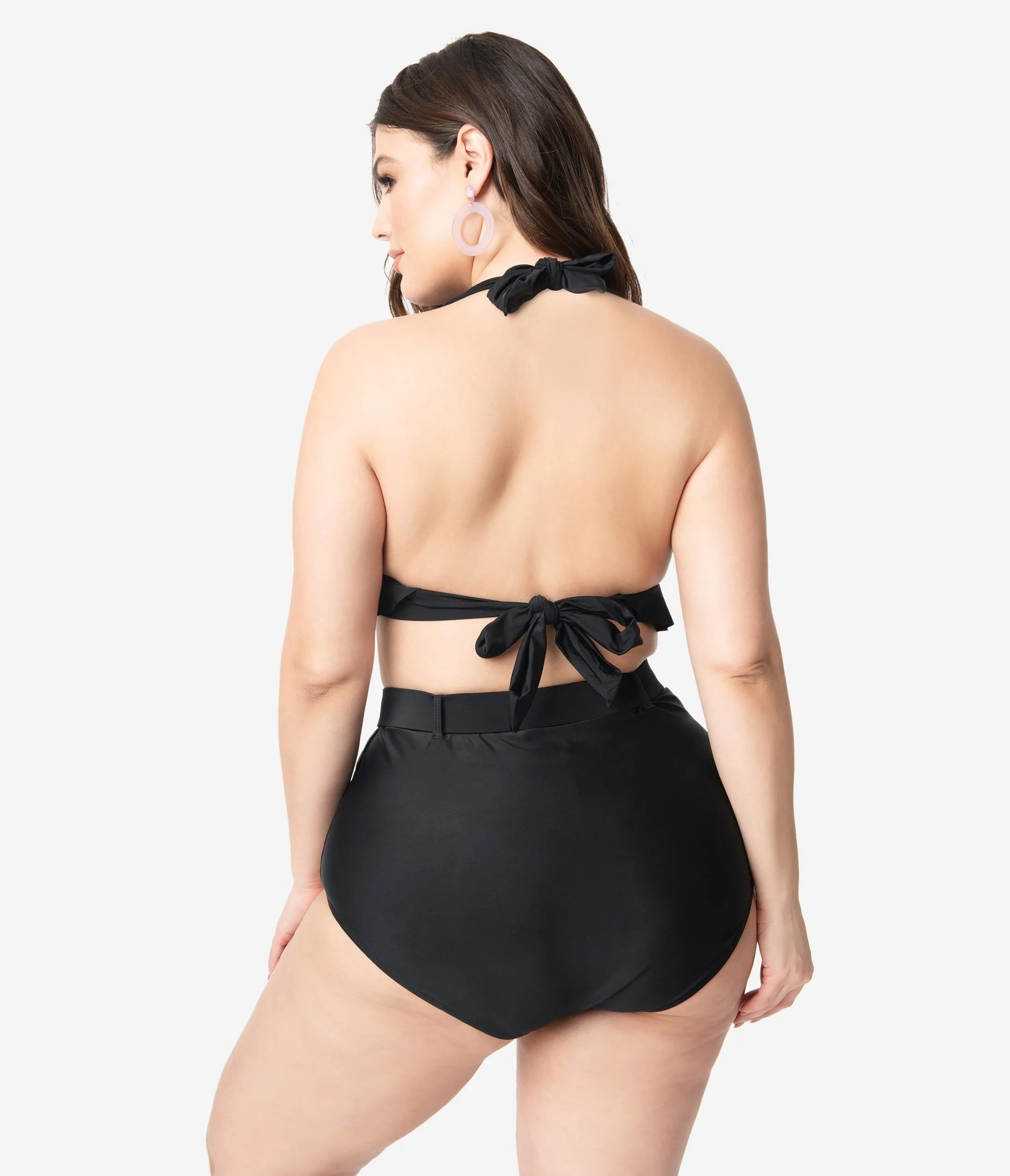 Unique Vintage Plus Size Black Ruffle Oceanside Halter Bikini Top