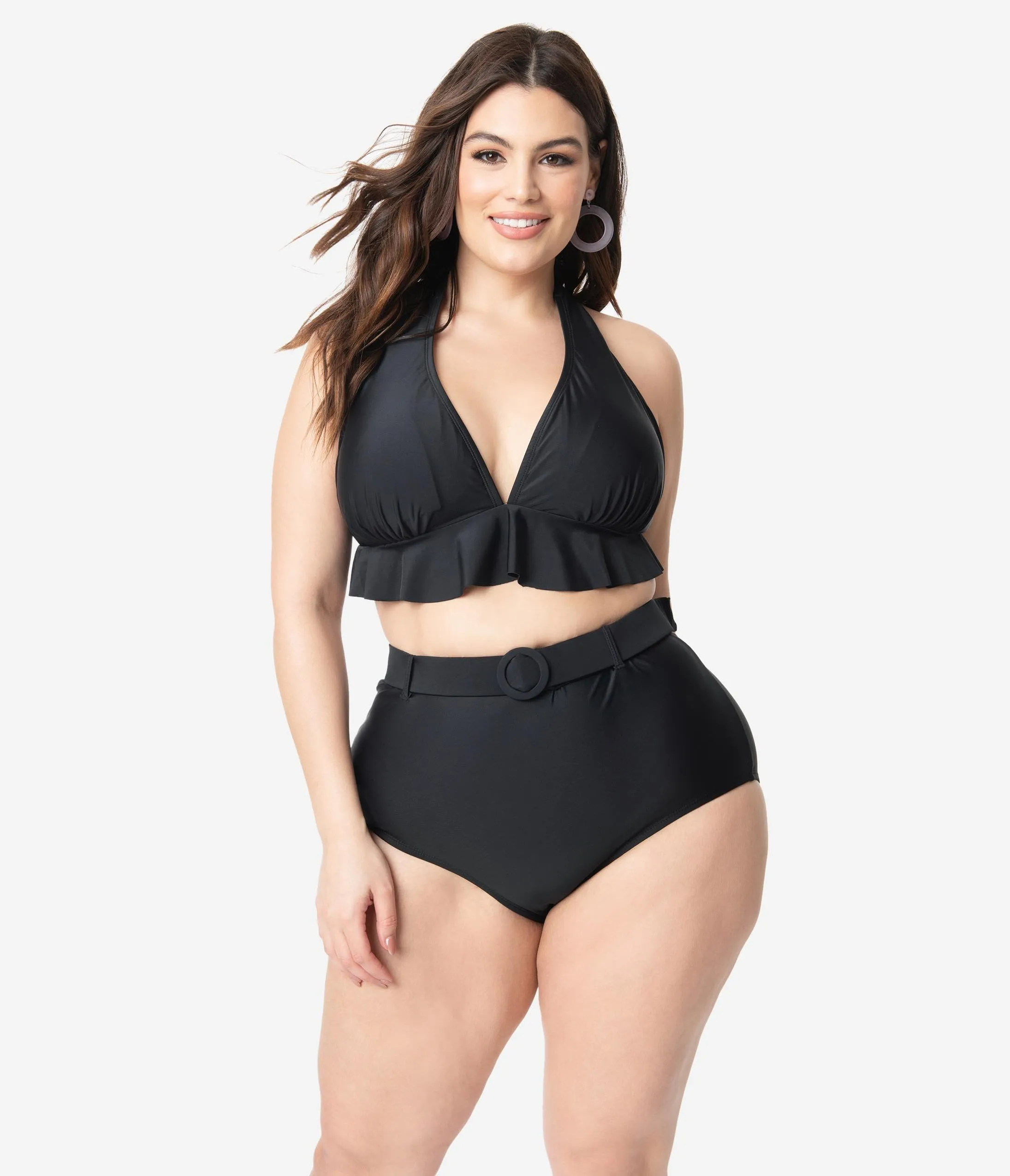Unique Vintage Plus Size Black Ruffle Oceanside Halter Bikini Top