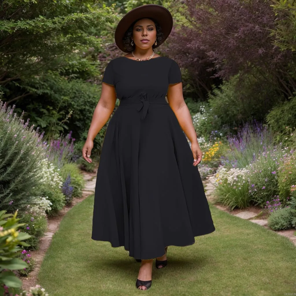 Women Plus Size Formal A Line Maxi Dress Self Tie Waist with Pockets Elegant Round Neck Swing Long Dresses