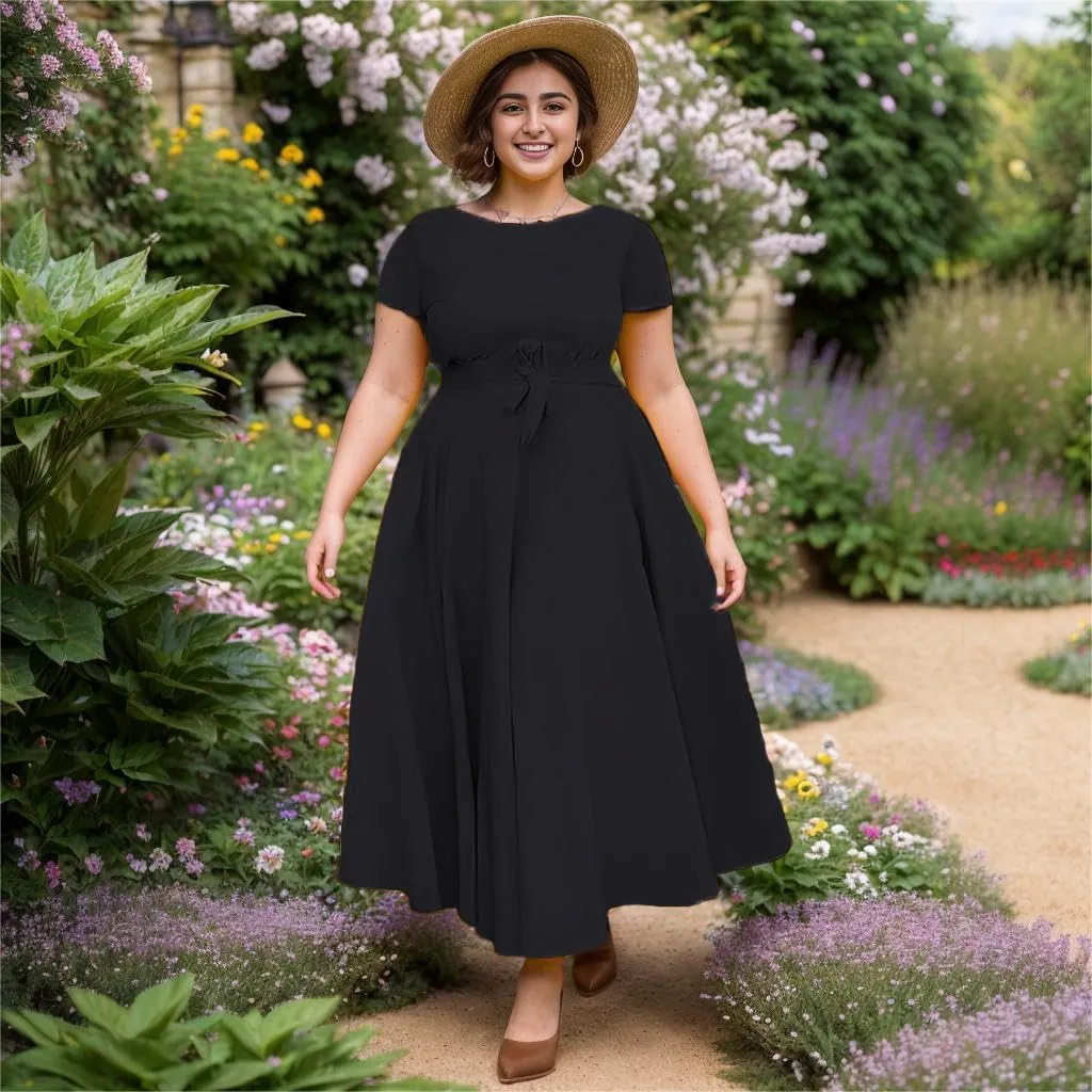 Women Plus Size Formal A Line Maxi Dress Self Tie Waist with Pockets Elegant Round Neck Swing Long Dresses