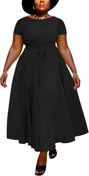 Women Plus Size Formal A Line Maxi Dress Self Tie Waist with Pockets Elegant Round Neck Swing Long Dresses