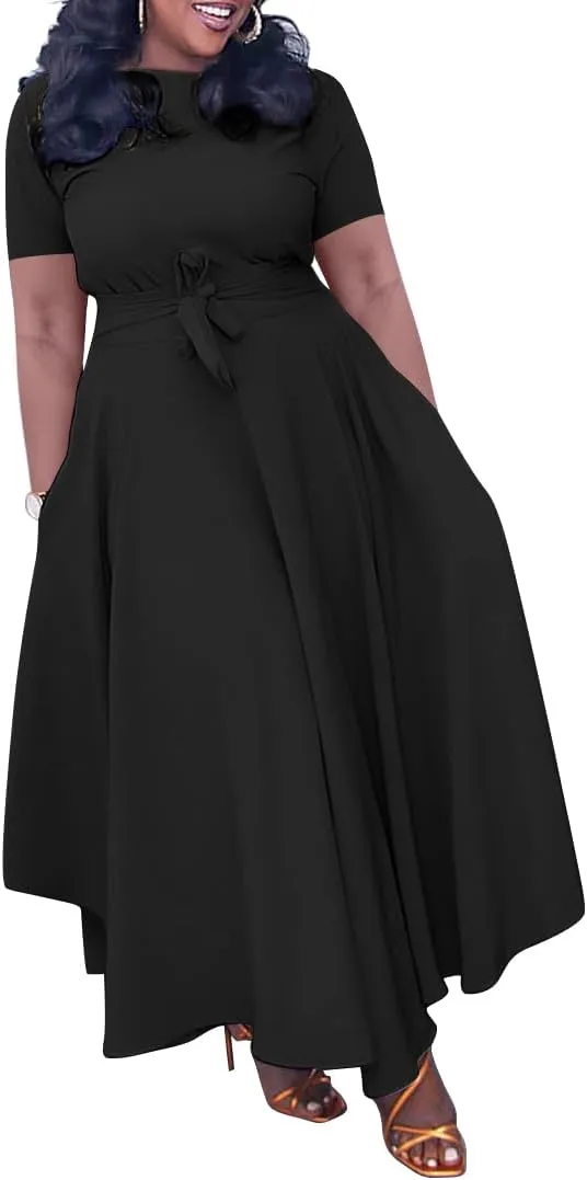 Women Plus Size Formal A Line Maxi Dress Self Tie Waist with Pockets Elegant Round Neck Swing Long Dresses