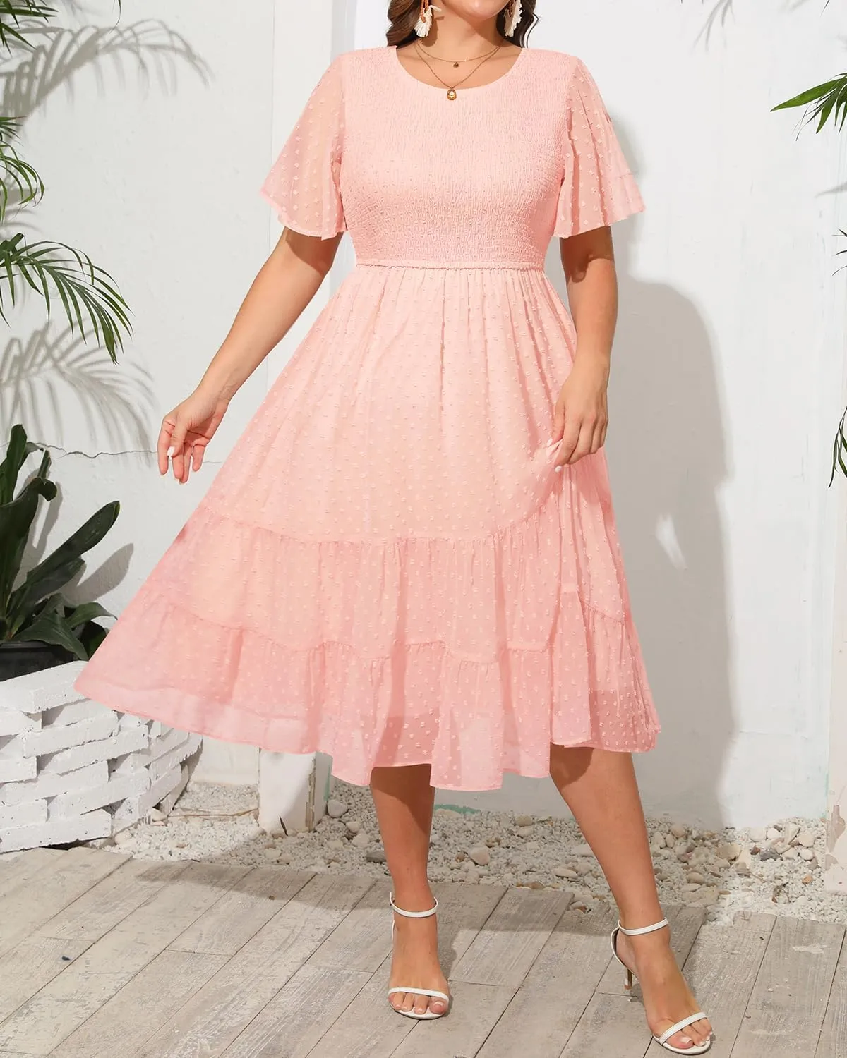 Women Plus Size Summer Casual Flutter Short Sleeve Smocked Midi Swiss Dot Flowy Tiered Dresses