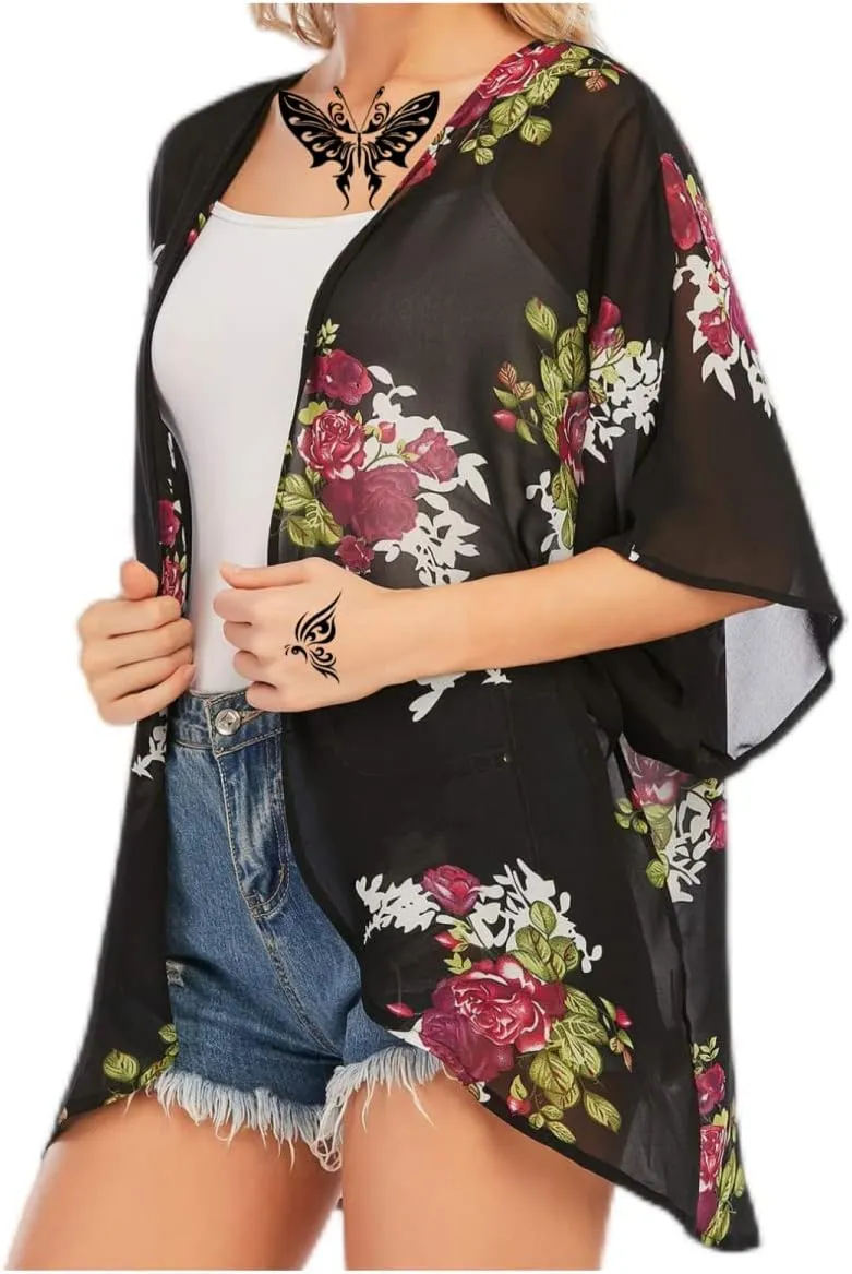 Women's Floral Print Puff Sleeve Kimono Cardigans Chiffon Casual Loose Open Front Cover Tops Cardigan Blouse