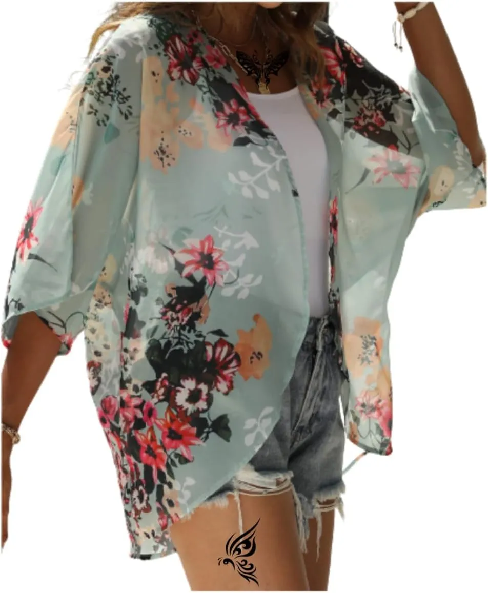 Women's Floral Print Puff Sleeve Kimono Cardigans Chiffon Casual Loose Open Front Cover Tops Cardigan Blouse