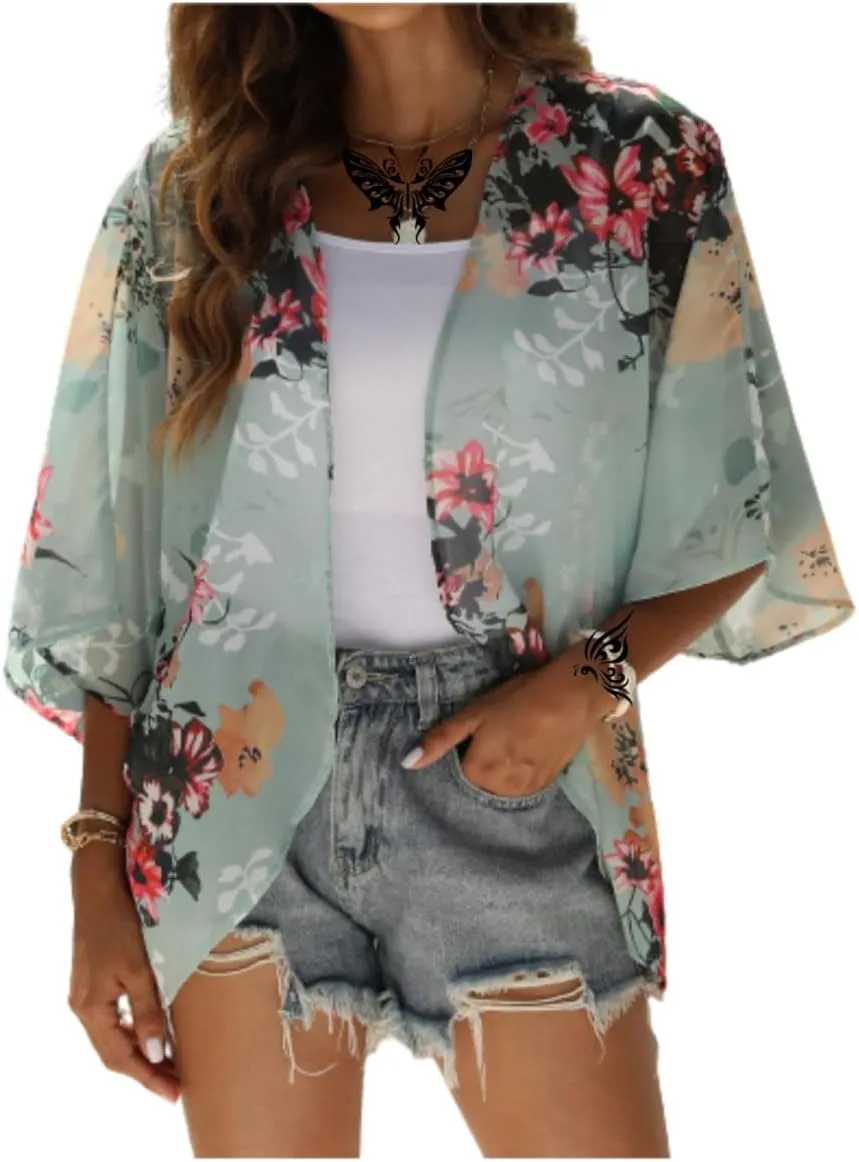 Women's Floral Print Puff Sleeve Kimono Cardigans Chiffon Casual Loose Open Front Cover Tops Cardigan Blouse
