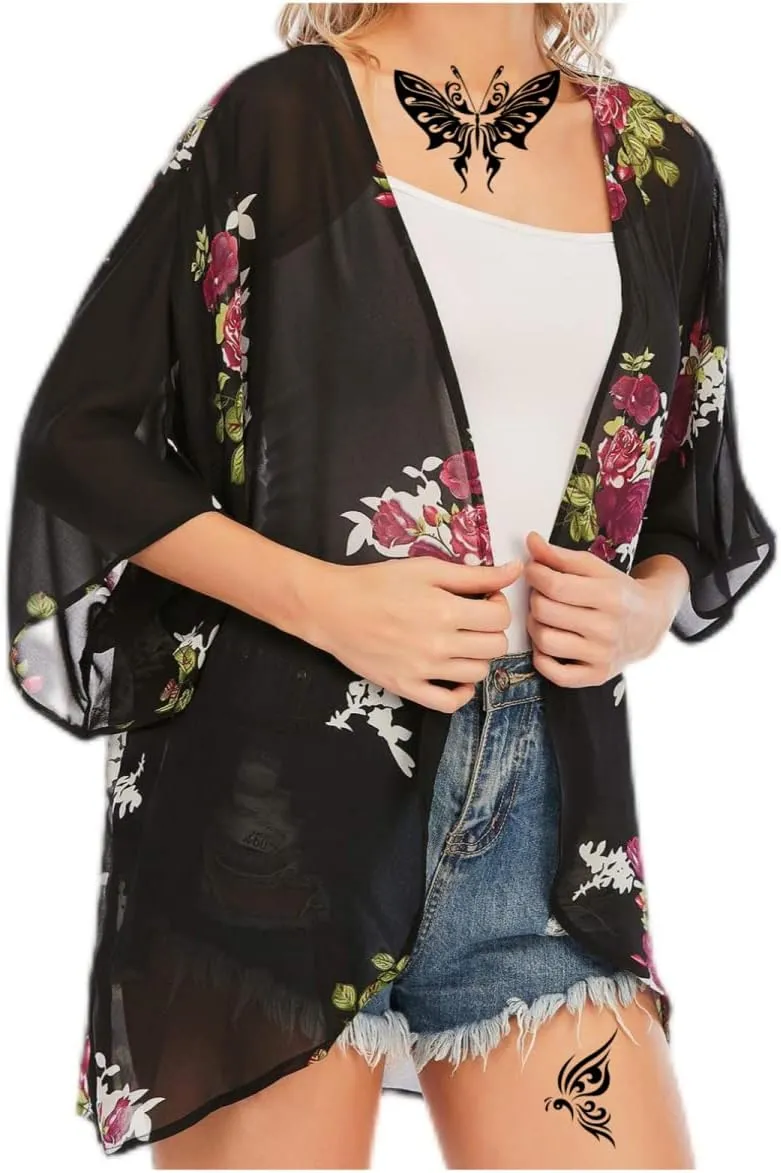 Women's Floral Print Puff Sleeve Kimono Cardigans Chiffon Casual Loose Open Front Cover Tops Cardigan Blouse