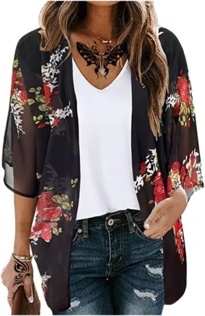 Women's Floral Print Puff Sleeve Kimono Cardigans Chiffon Casual Loose Open Front Cover Tops Cardigan Blouse