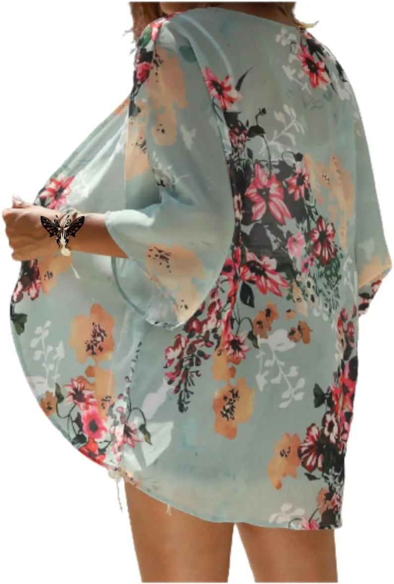 Women's Floral Print Puff Sleeve Kimono Cardigans Chiffon Casual Loose Open Front Cover Tops Cardigan Blouse