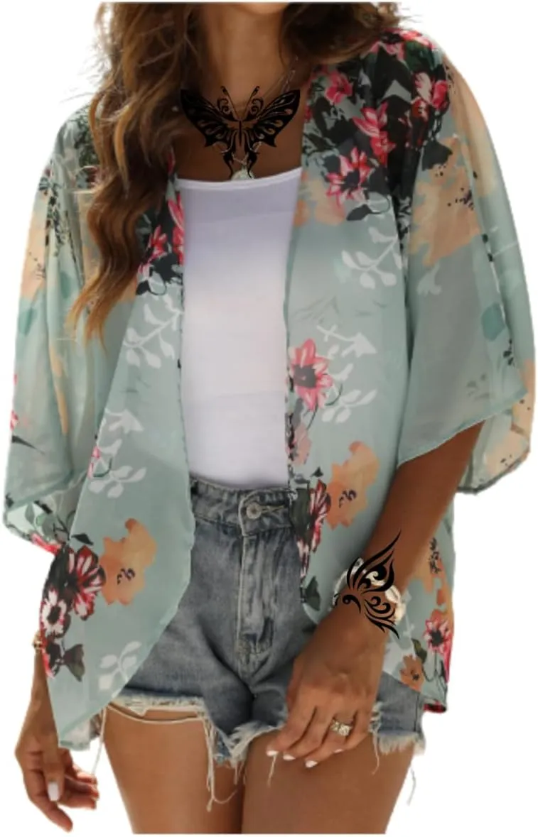 Women's Floral Print Puff Sleeve Kimono Cardigans Chiffon Casual Loose Open Front Cover Tops Cardigan Blouse