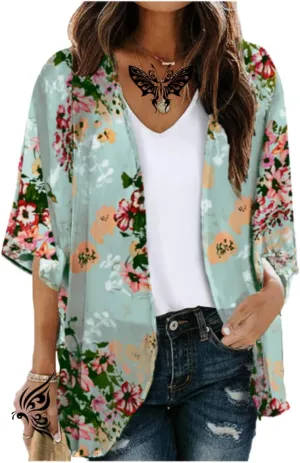 Women's Floral Print Puff Sleeve Kimono Cardigans Chiffon Casual Loose Open Front Cover Tops Cardigan Blouse
