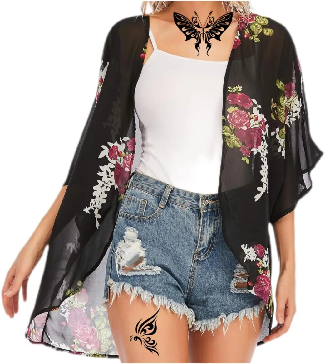 Women's Floral Print Puff Sleeve Kimono Cardigans Chiffon Casual Loose Open Front Cover Tops Cardigan Blouse