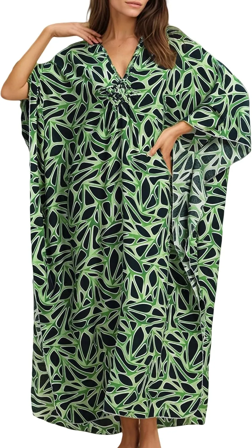 Women's Kaftan Dresses 2025 V Neck Batwing Sleeve Beach Cover Ups Plus Size Lightweight Caftans for Swimwear