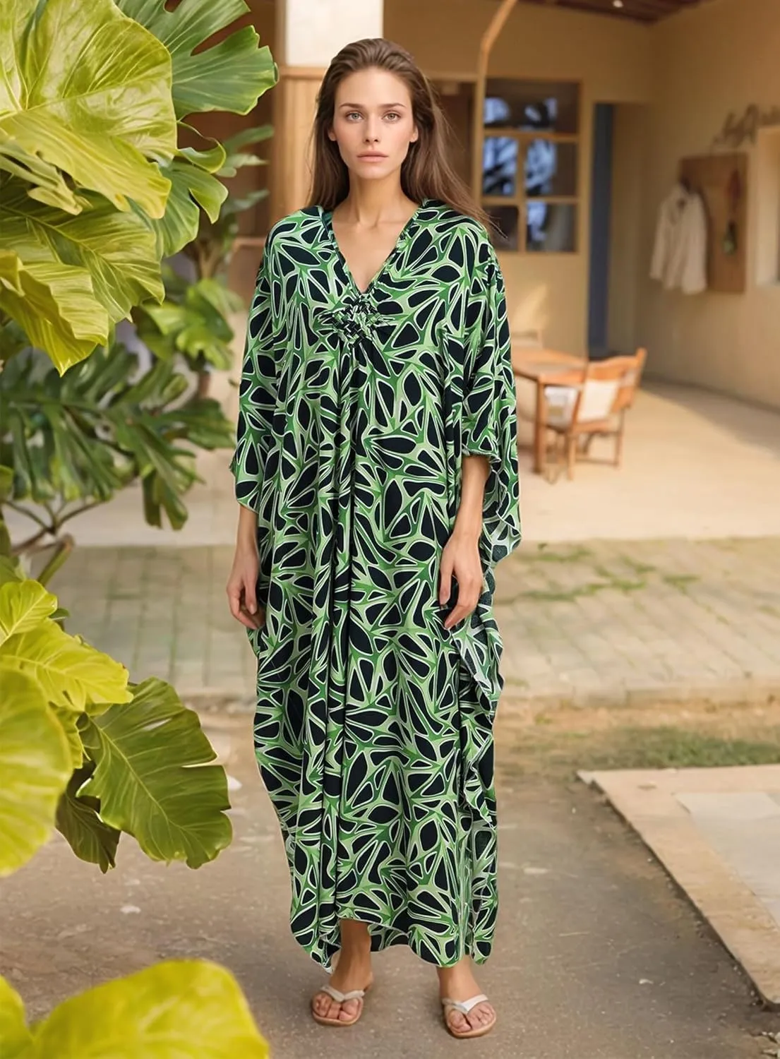 Women's Kaftan Dresses 2025 V Neck Batwing Sleeve Beach Cover Ups Plus Size Lightweight Caftans for Swimwear
