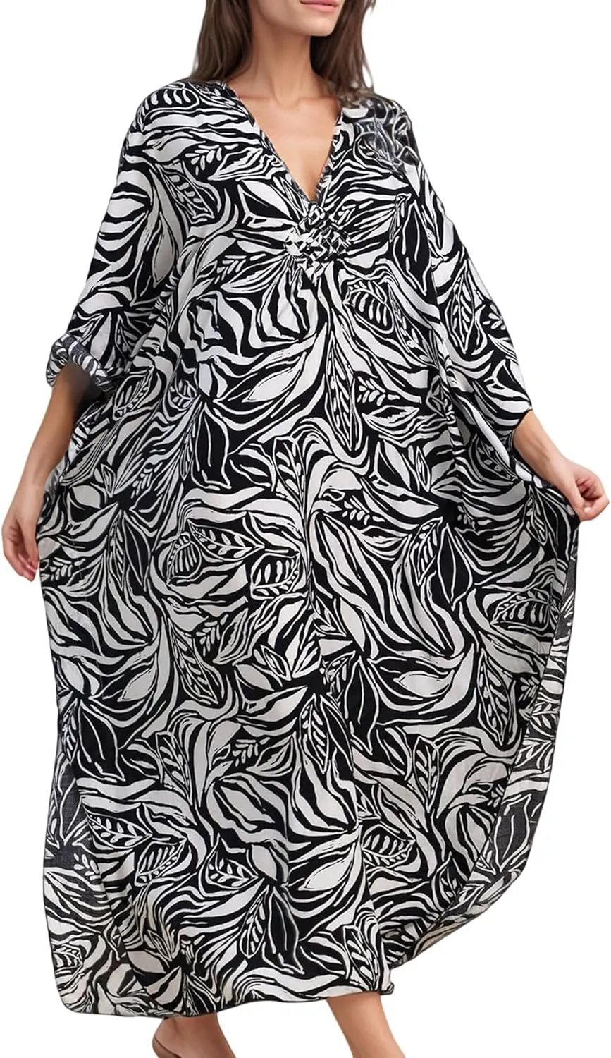 Women's Kaftan Dresses 2025 V Neck Batwing Sleeve Beach Cover Ups Plus Size Lightweight Caftans for Swimwear
