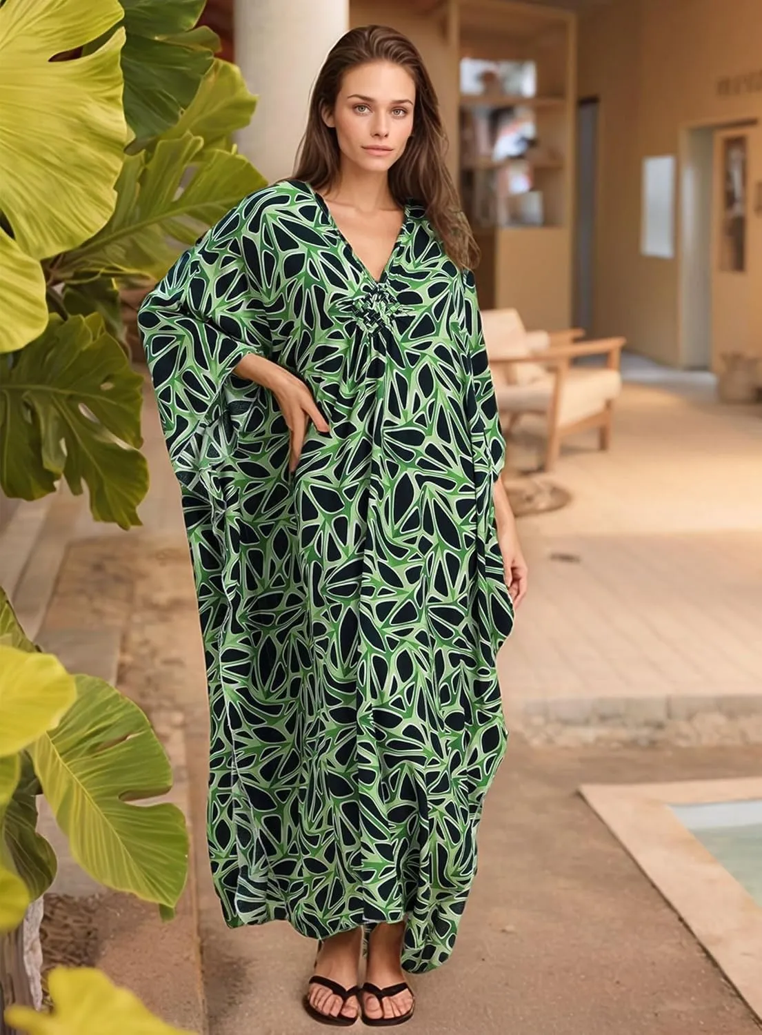 Women's Kaftan Dresses 2025 V Neck Batwing Sleeve Beach Cover Ups Plus Size Lightweight Caftans for Swimwear