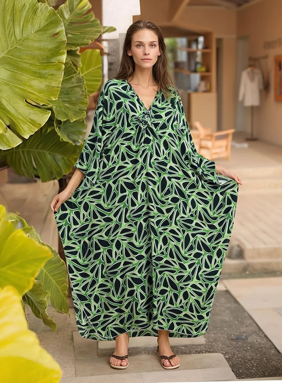 Women's Kaftan Dresses 2025 V Neck Batwing Sleeve Beach Cover Ups Plus Size Lightweight Caftans for Swimwear