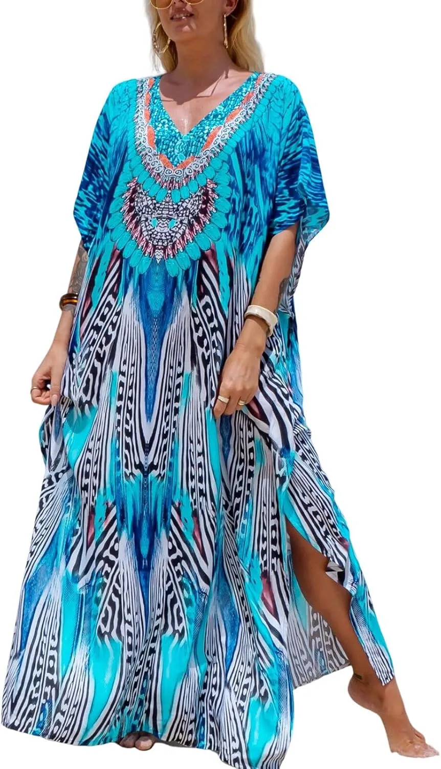 Women's Plus Size Moroccan Print V-Neck Batwing Kaftan Loose Fit Beach Dress Bathing Suit Cover Up